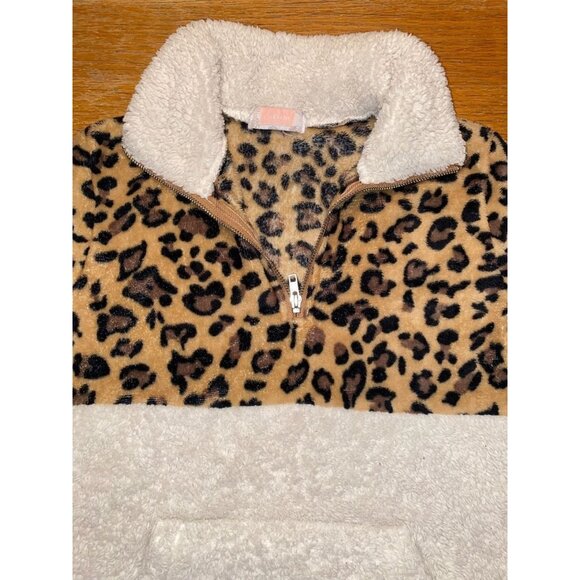Leopard Print & White Sherpa Quarter-Zip Pullover Sweatshirt For Women - Picture 2 of 5